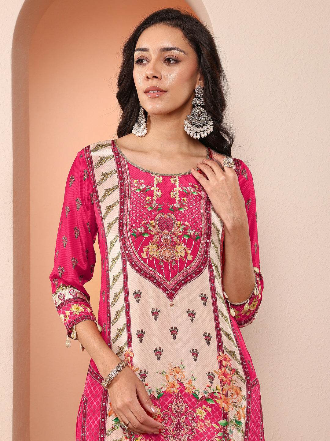 Magenta Printed Silk Blend Straight Suit Set With Dupatta
