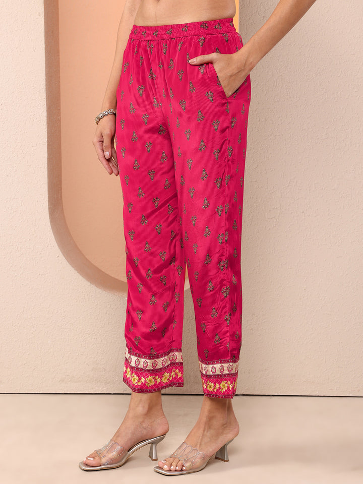 Magenta Printed Silk Blend Straight Suit Set With Dupatta