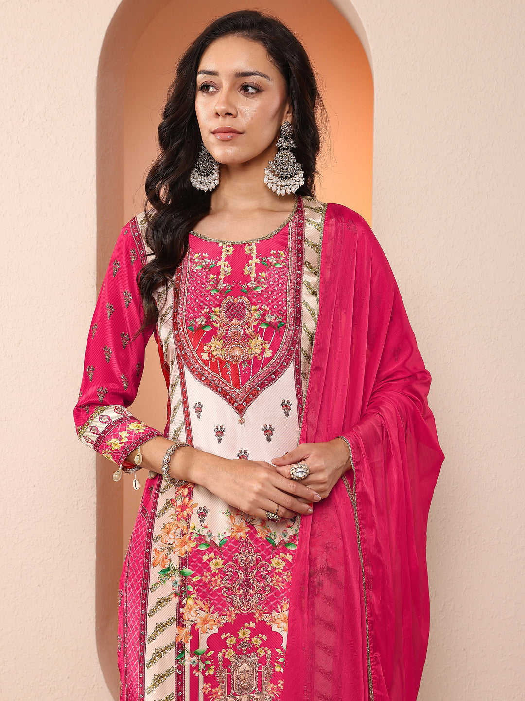 Magenta Printed Silk Blend Straight Suit Set With Dupatta