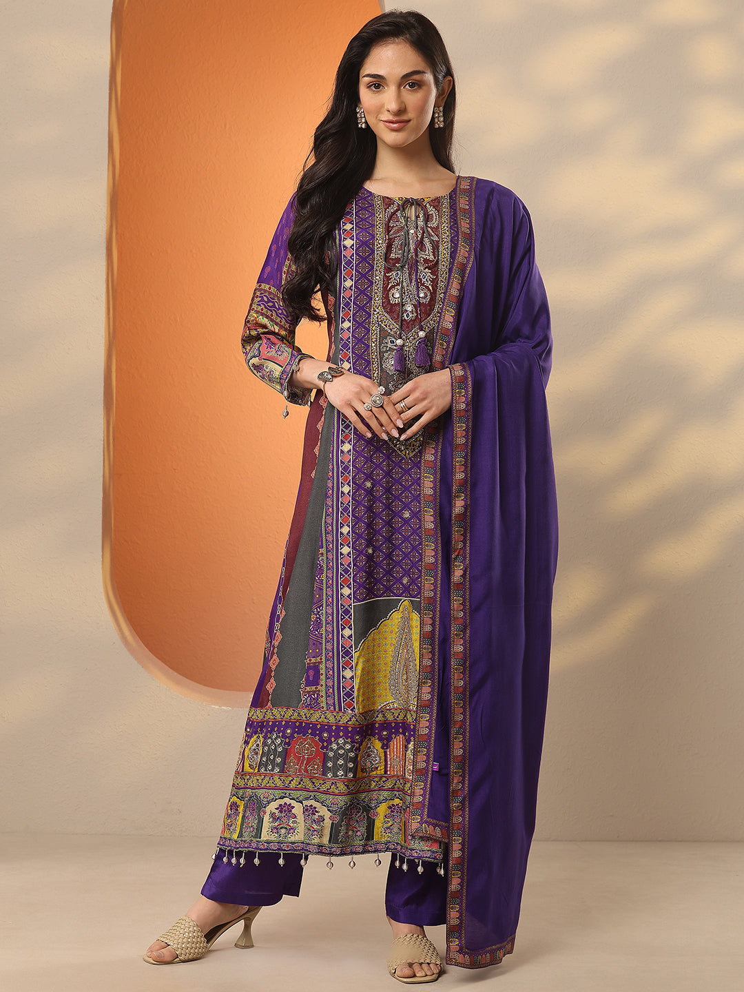 Purple Printed Muslin A-Line Suit Set With Dupatta