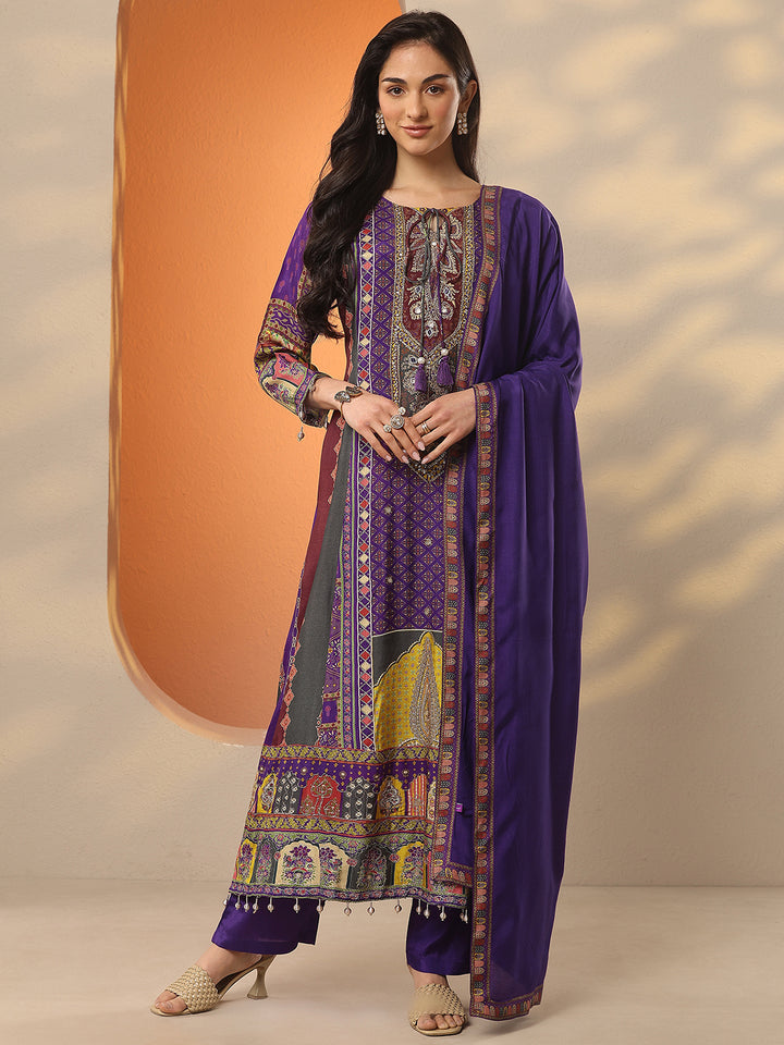 Purple Printed Muslin A-Line Suit Set With Dupatta