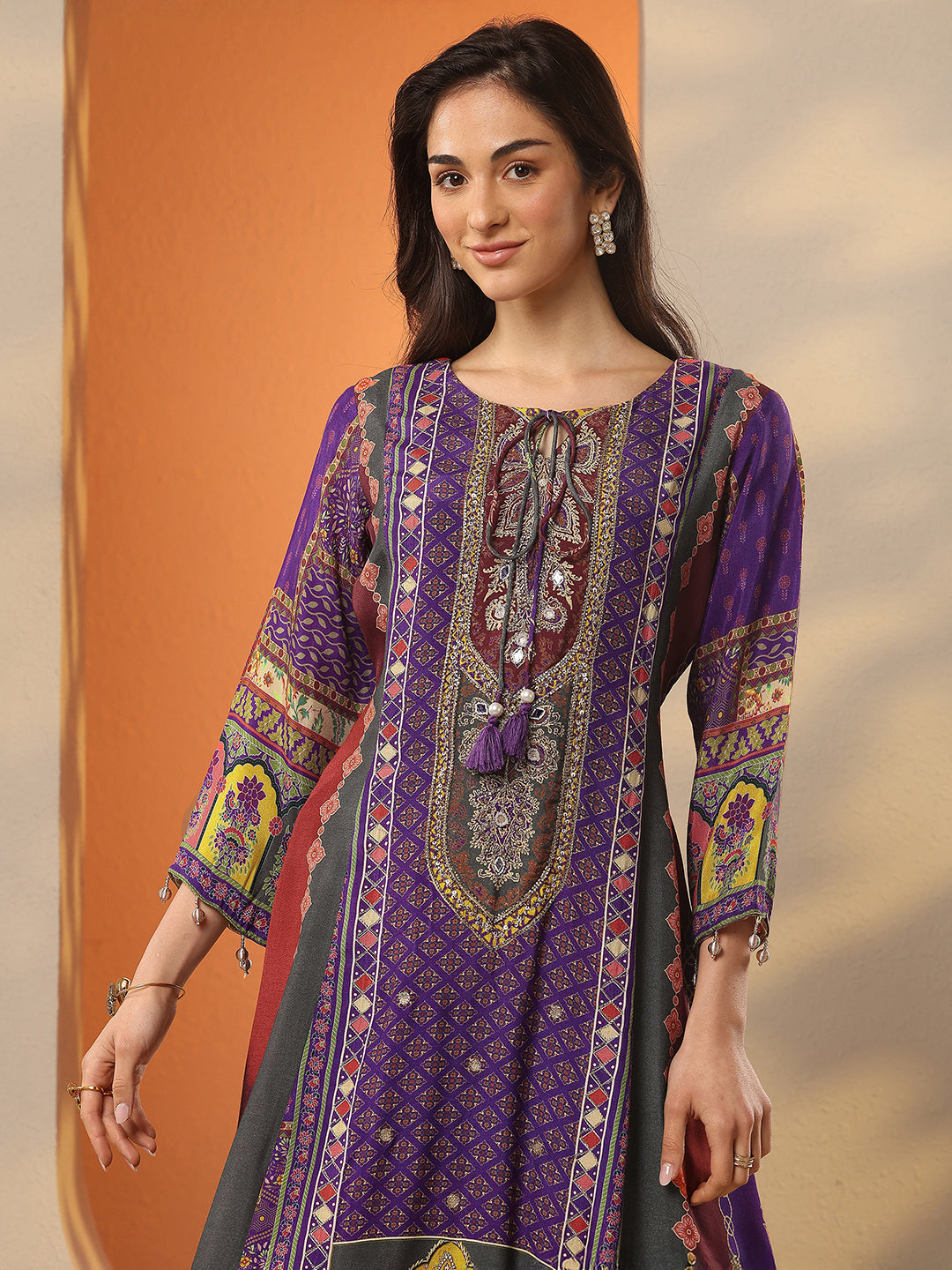 Purple Printed Muslin A-Line Suit Set With Dupatta