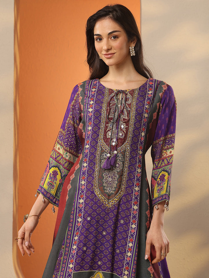 Purple Printed Muslin A-Line Suit Set With Dupatta
