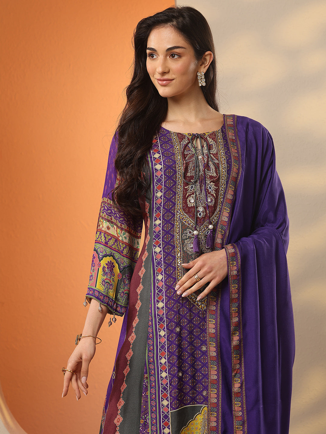 Purple Printed Muslin A-Line Suit Set With Dupatta
