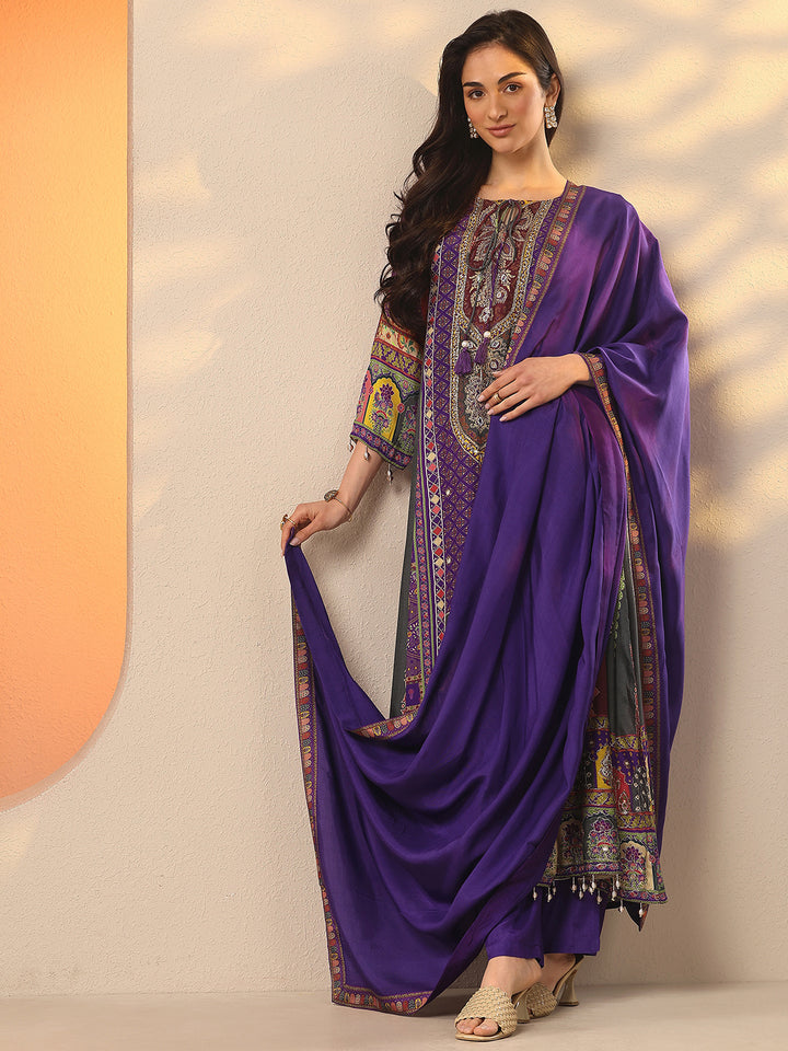 Purple Printed Muslin A-Line Suit Set With Dupatta