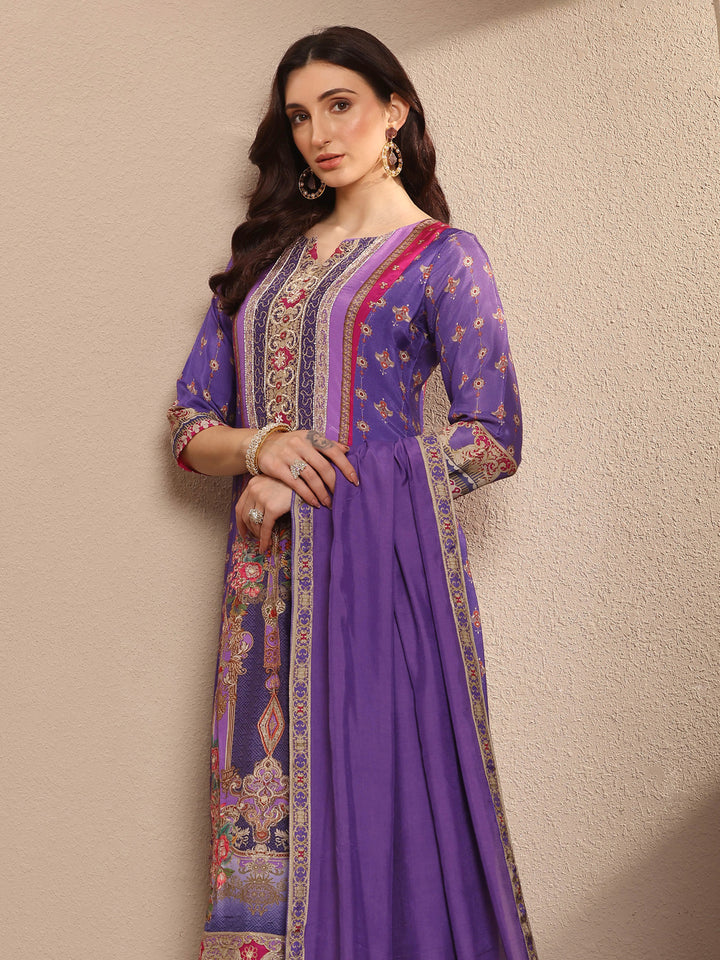 Purple Printed Muslin A-Line Suit Set With Dupatta