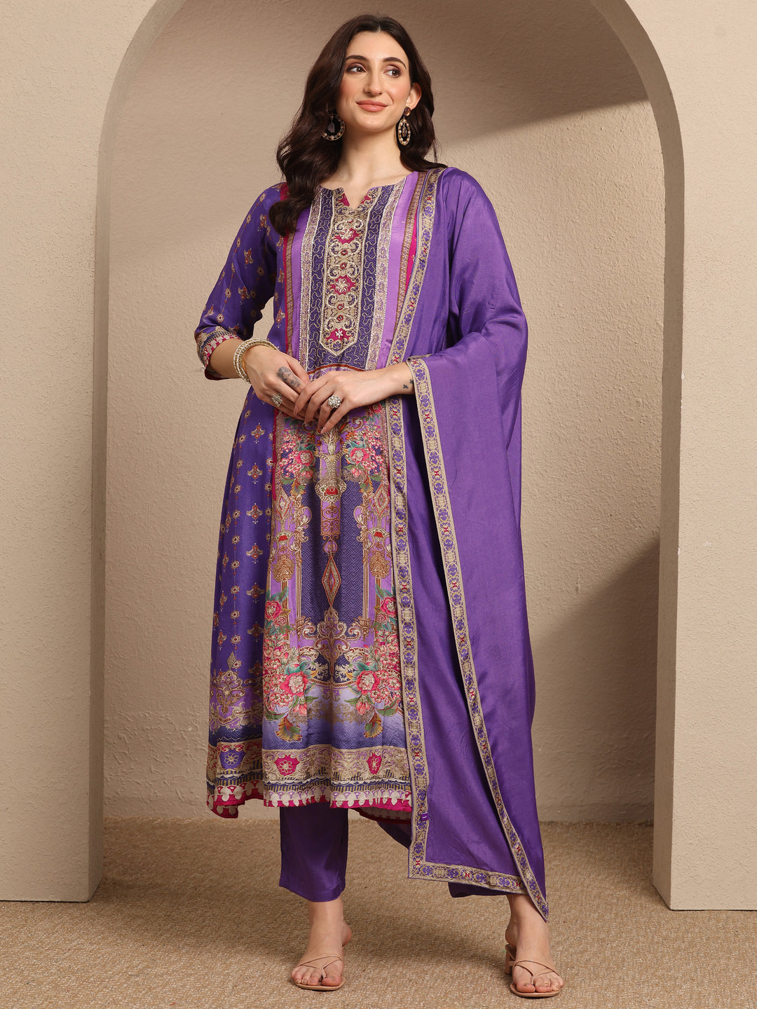 Purple Printed Muslin A-Line Suit Set With Dupatta