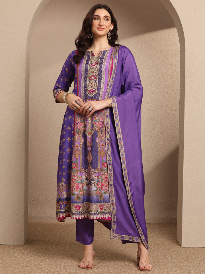 Purple Printed Muslin A-Line Suit Set With Dupatta