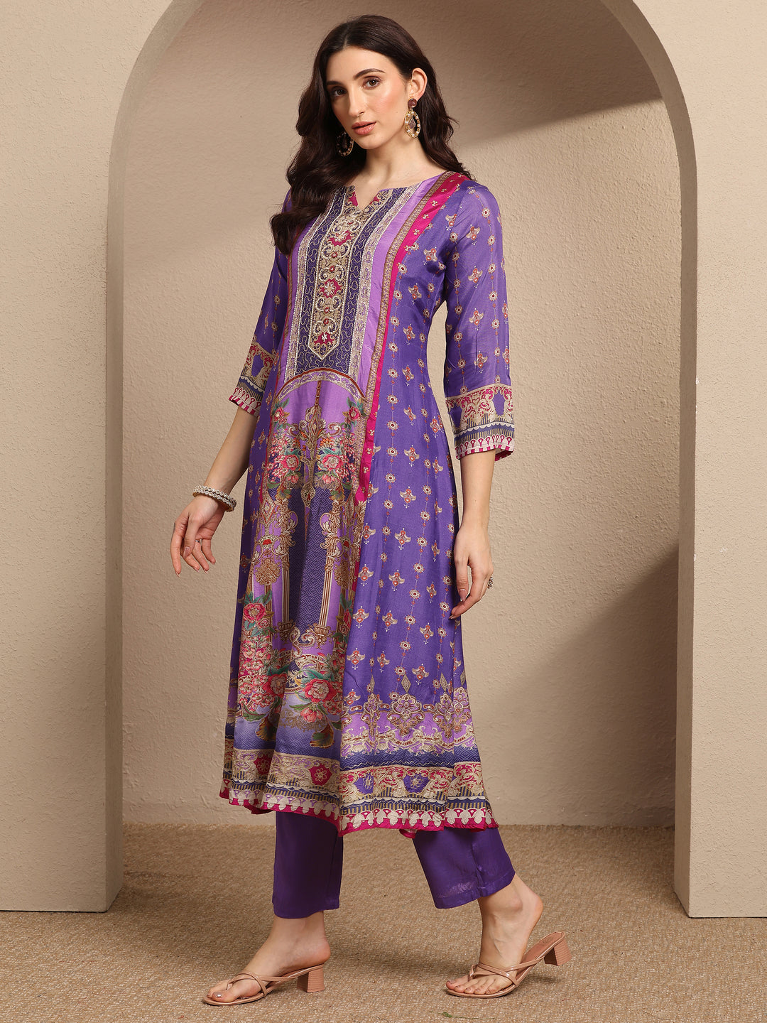 Purple Printed Muslin A-Line Suit Set With Dupatta