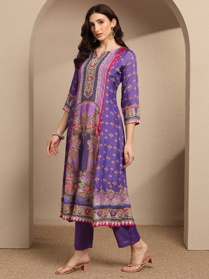 Purple Printed Muslin A-Line Suit Set With Dupatta