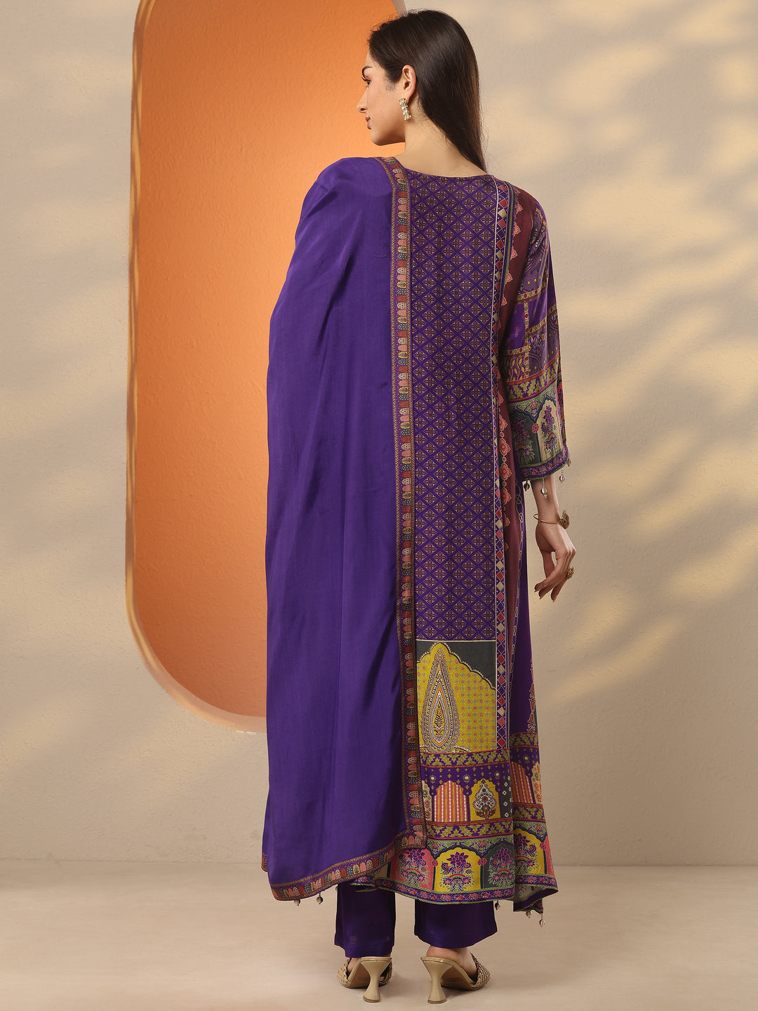 Libas Art Purple Printed Muslin A-Line Suit Set With Dupatta