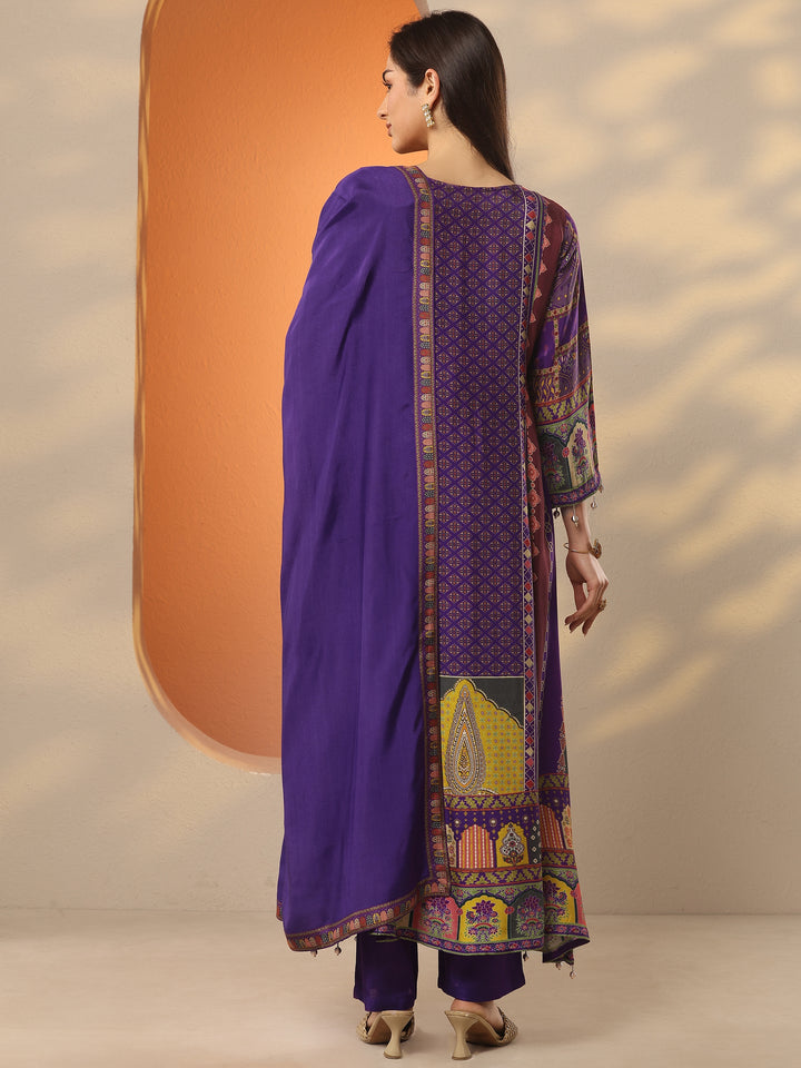 Libas Art Purple Printed Muslin A-Line Suit Set With Dupatta