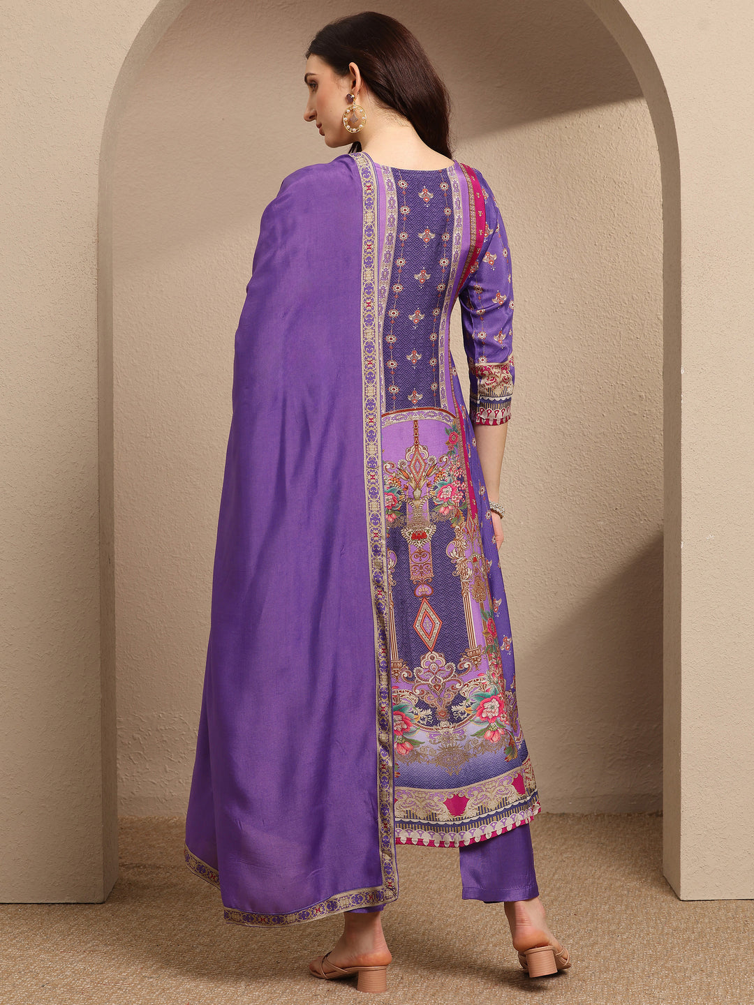 Purple Printed Muslin A-Line Suit Set With Dupatta