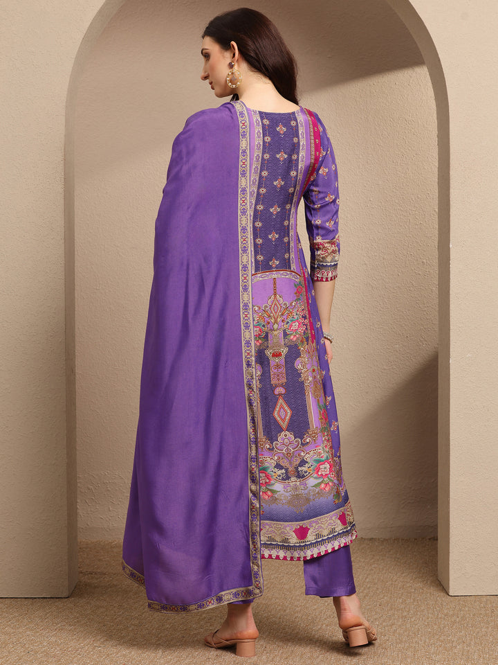 Purple Printed Muslin A-Line Suit Set With Dupatta