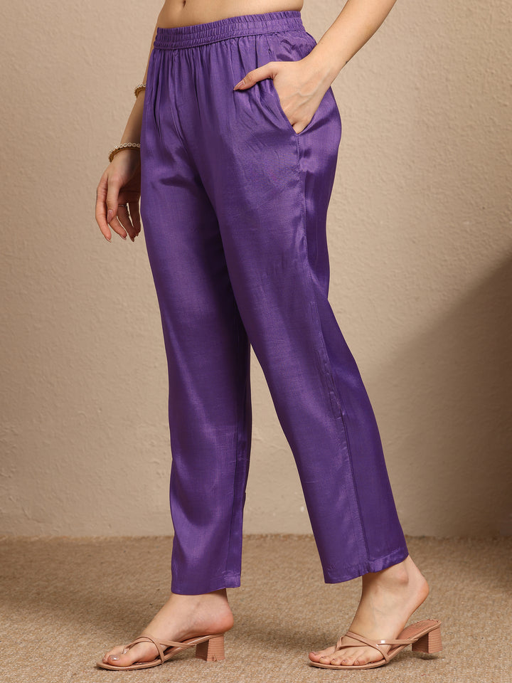 Purple Printed Muslin A-Line Suit Set With Dupatta