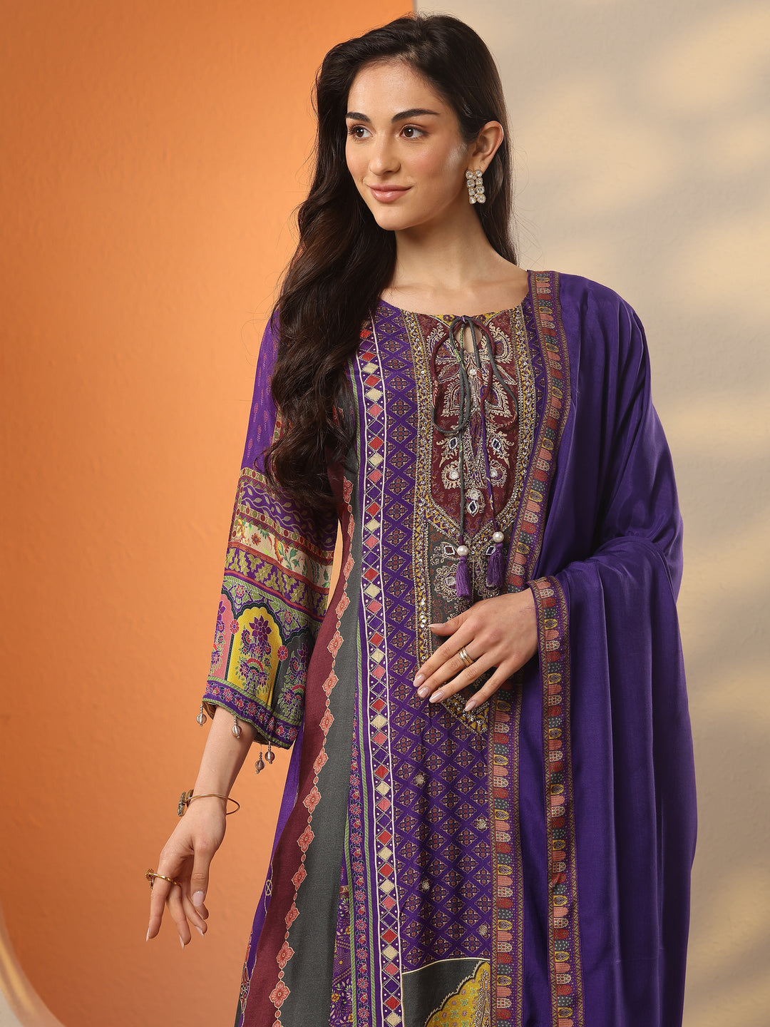 Libas Art Purple Printed Muslin A-Line Suit Set With Dupatta