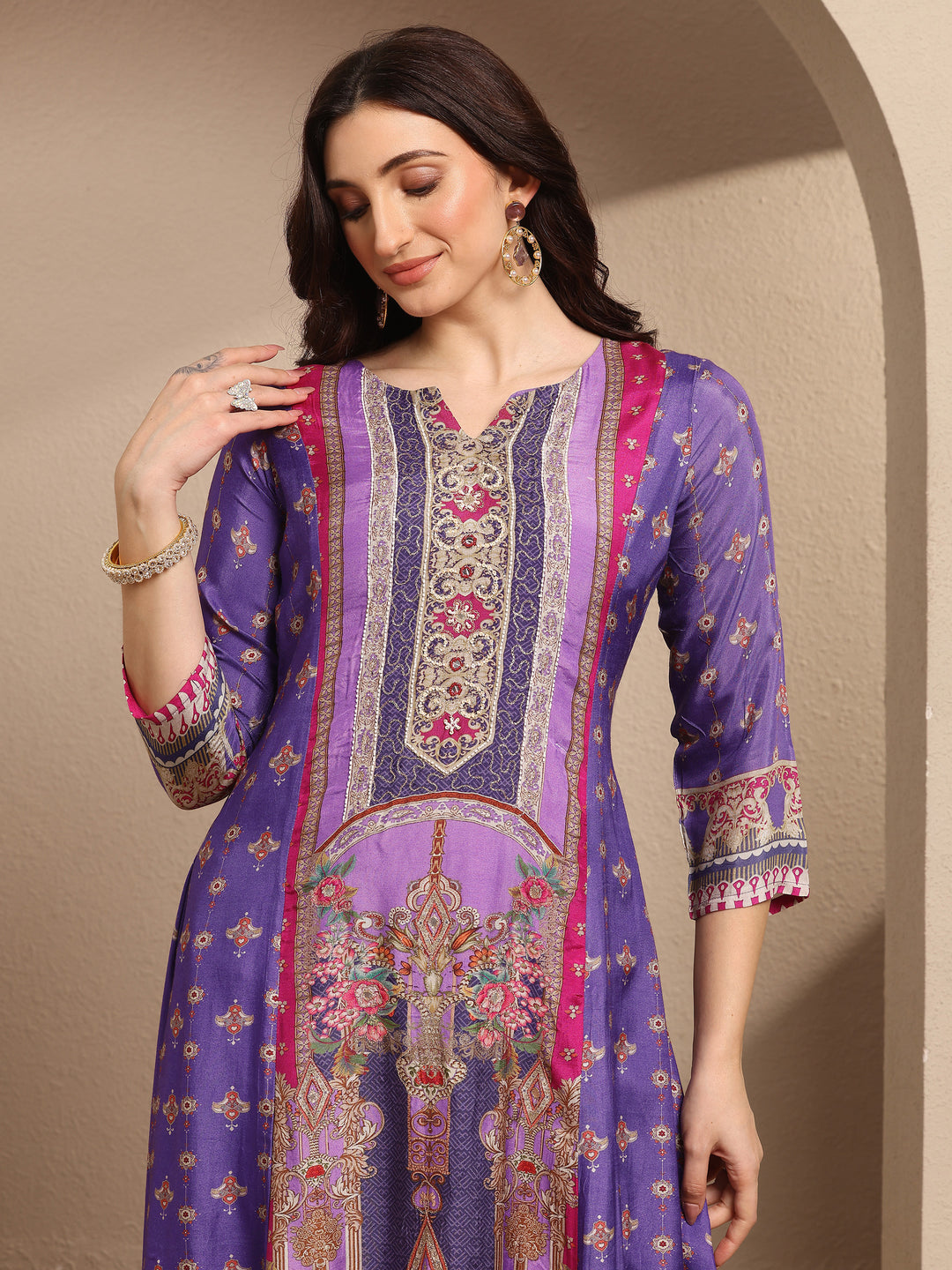 Purple Printed Muslin A-Line Suit Set With Dupatta