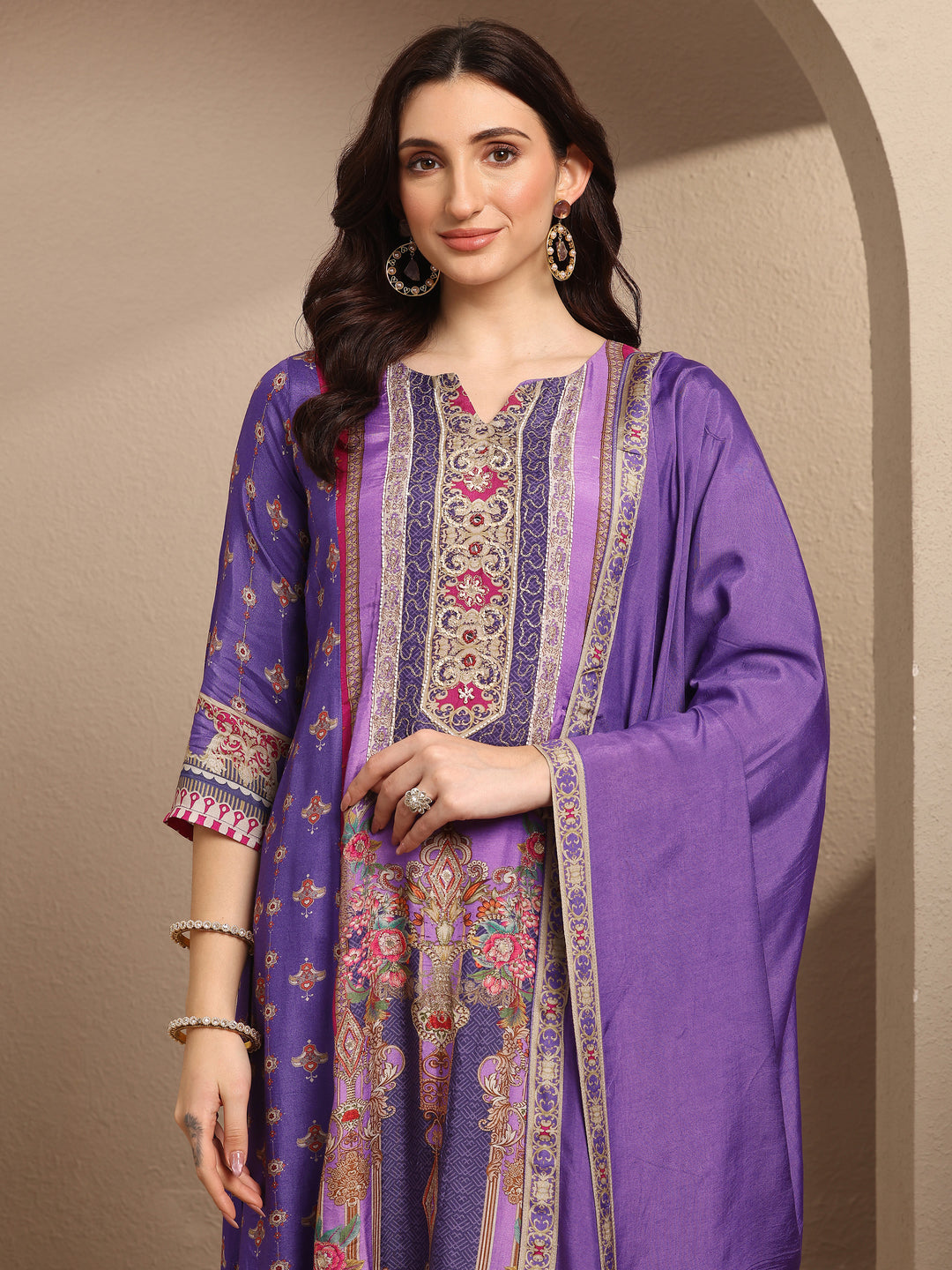 Purple Printed Muslin A-Line Suit Set With Dupatta