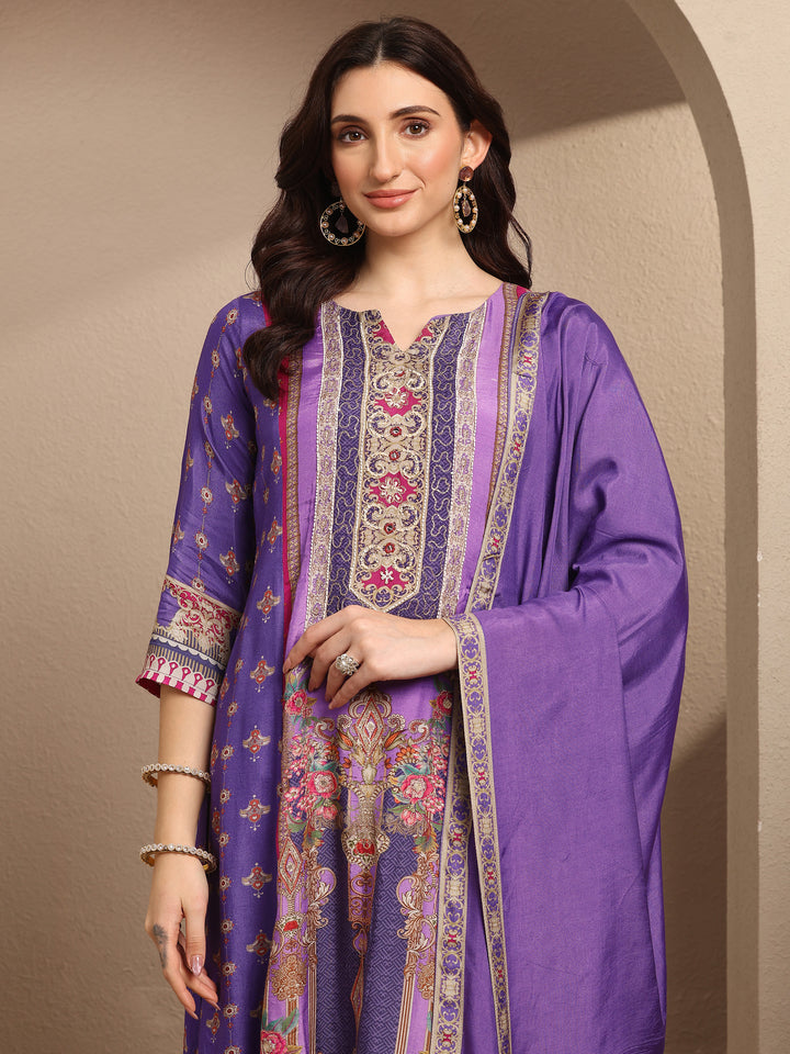 Purple Printed Muslin A-Line Suit Set With Dupatta