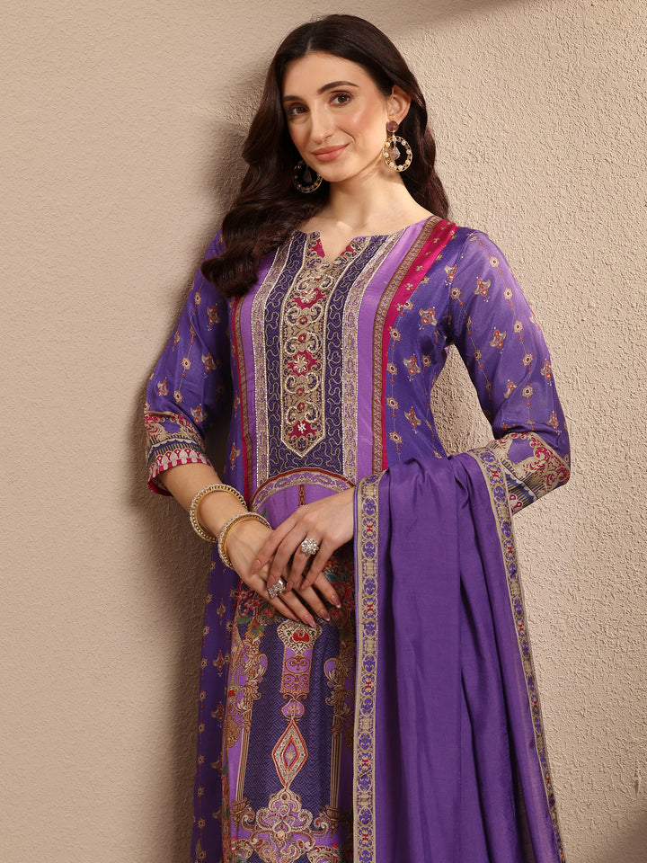 Purple Printed Muslin A-Line Suit Set With Dupatta