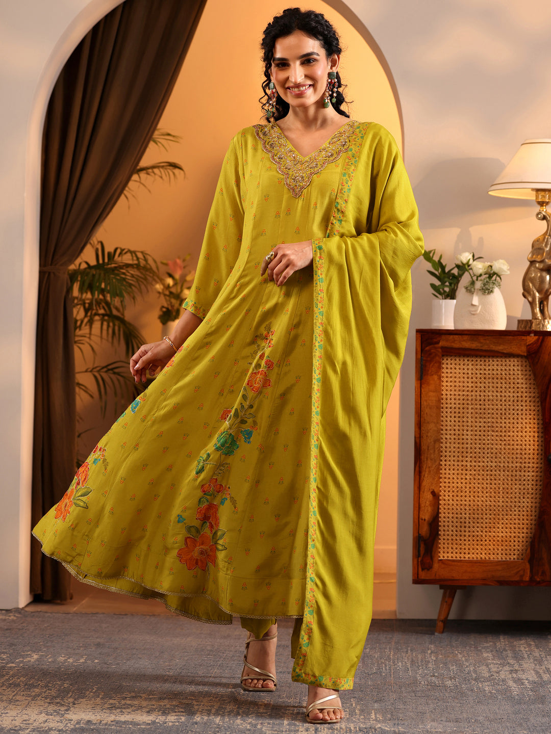 Libas Art Mustard Printed Muslin Anarkali Suit Set With Dupatta