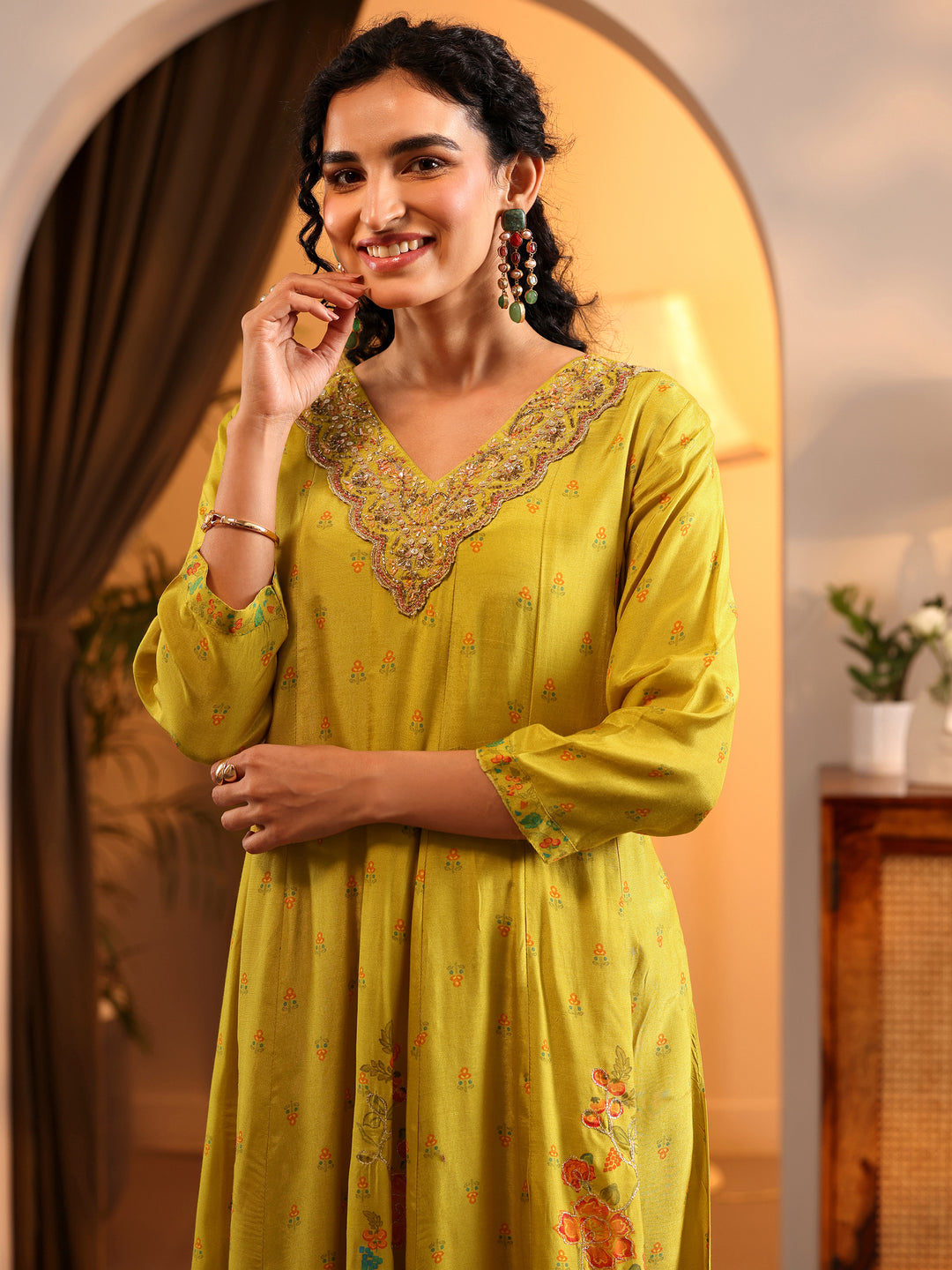 Libas Art Mustard Printed Muslin Anarkali Suit Set With Dupatta