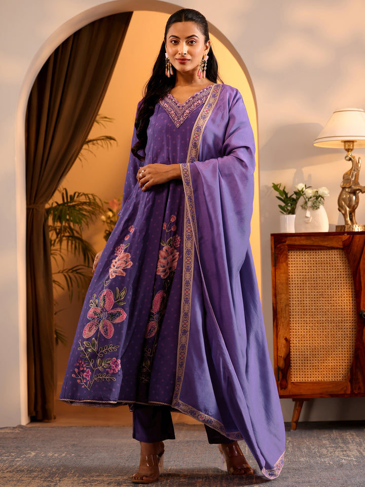 Libas Art Purple Printed Muslin Anarkali Suit Set With Dupatta