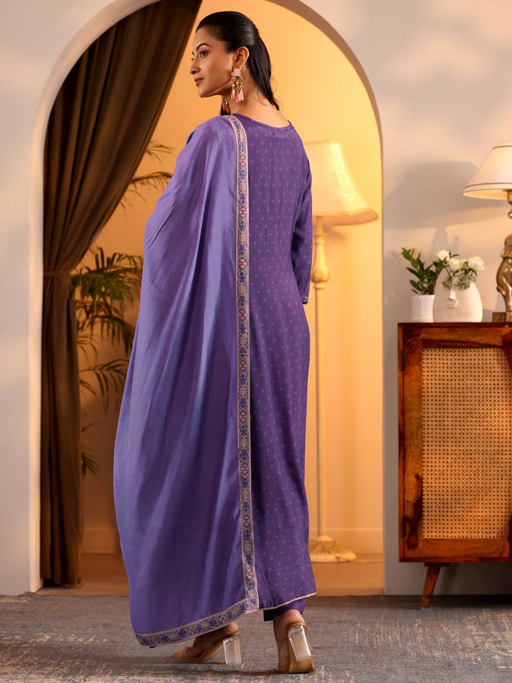 Libas Art Purple Printed Muslin Anarkali Suit Set With Dupatta