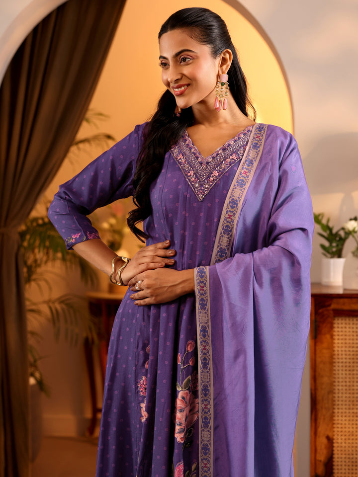 Libas Art Purple Printed Muslin Anarkali Suit Set With Dupatta