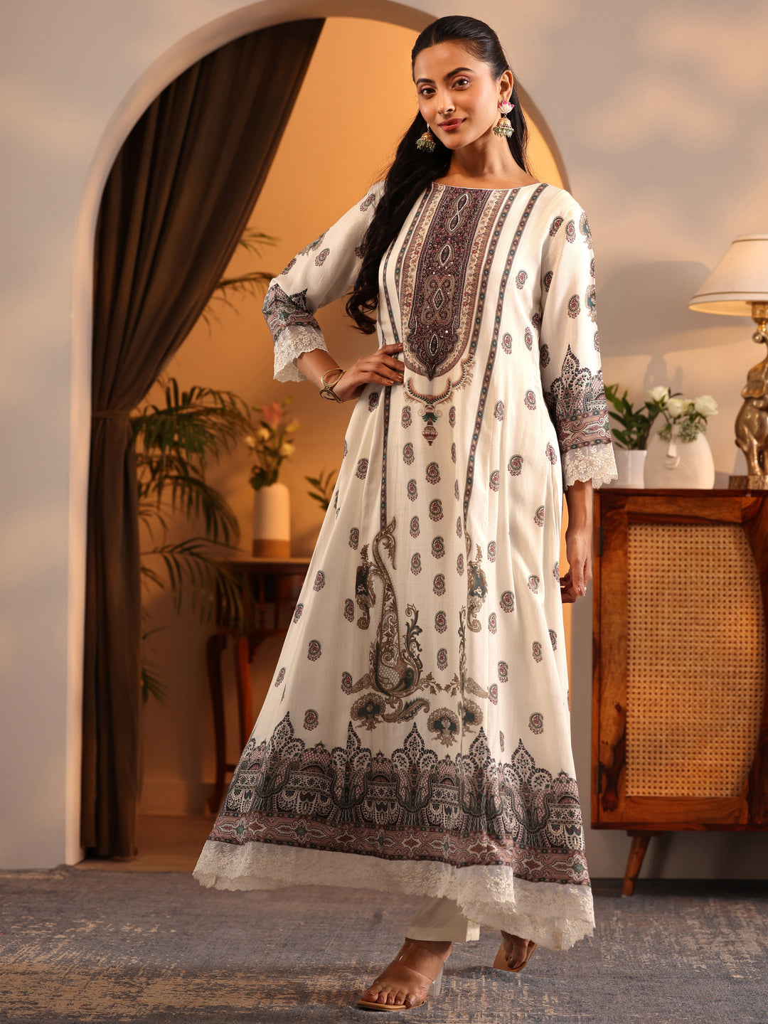 Libas Art Off White Printed Muslin A-Line Suit Set With Dupatta