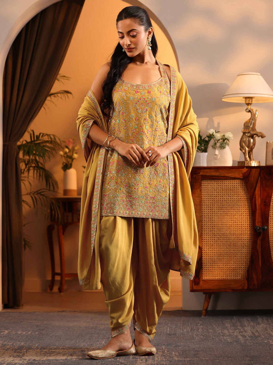 Libas Art Mustard Embroidered Silk Blend Straight Suit Set With Dupatta
