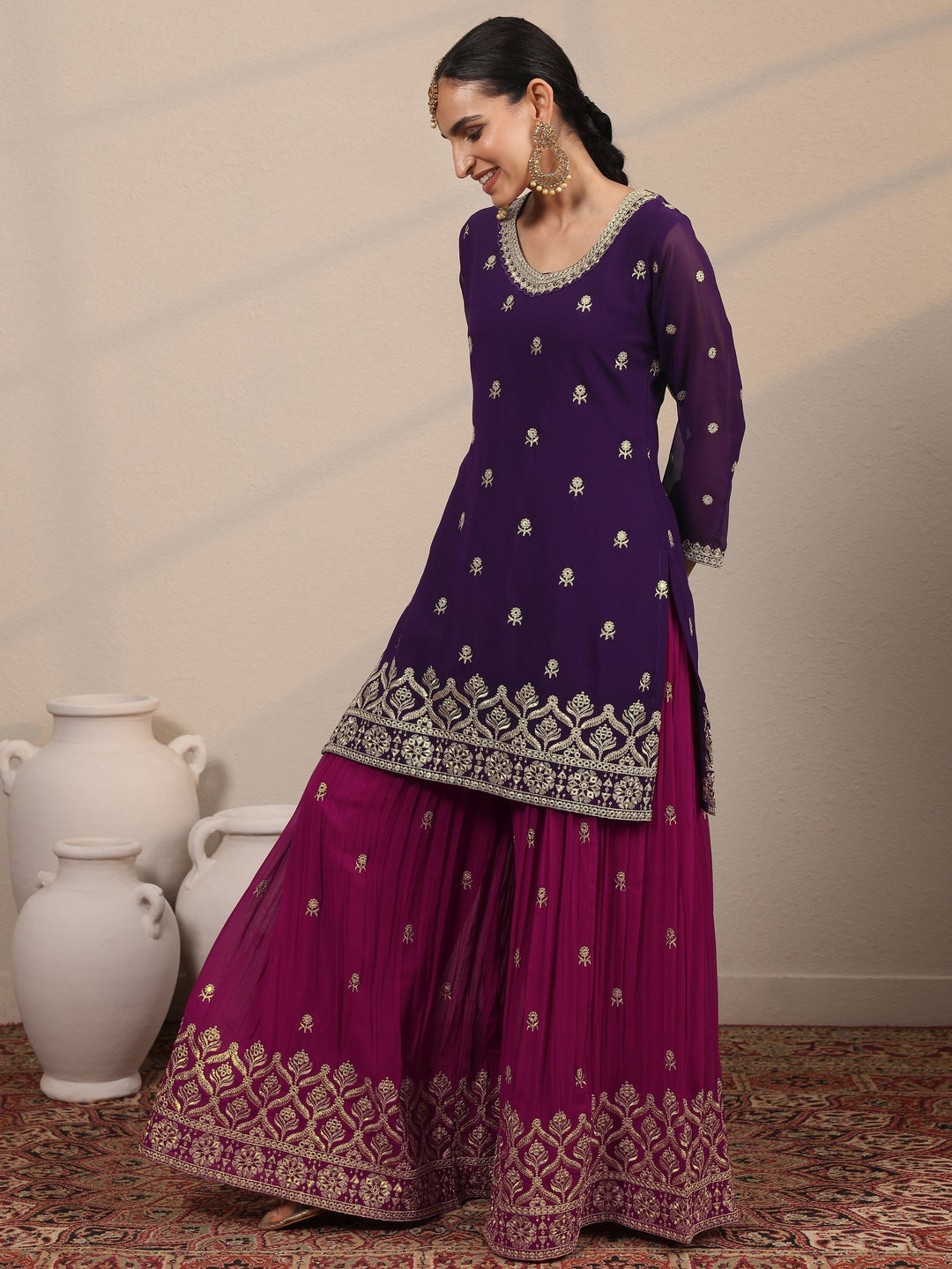 Libas Art Purple Embroidered Georgette Straight Suit Set With Dupatta