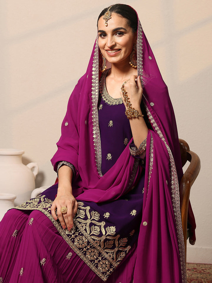 Libas Art Purple Embroidered Georgette Straight Suit Set With Dupatta