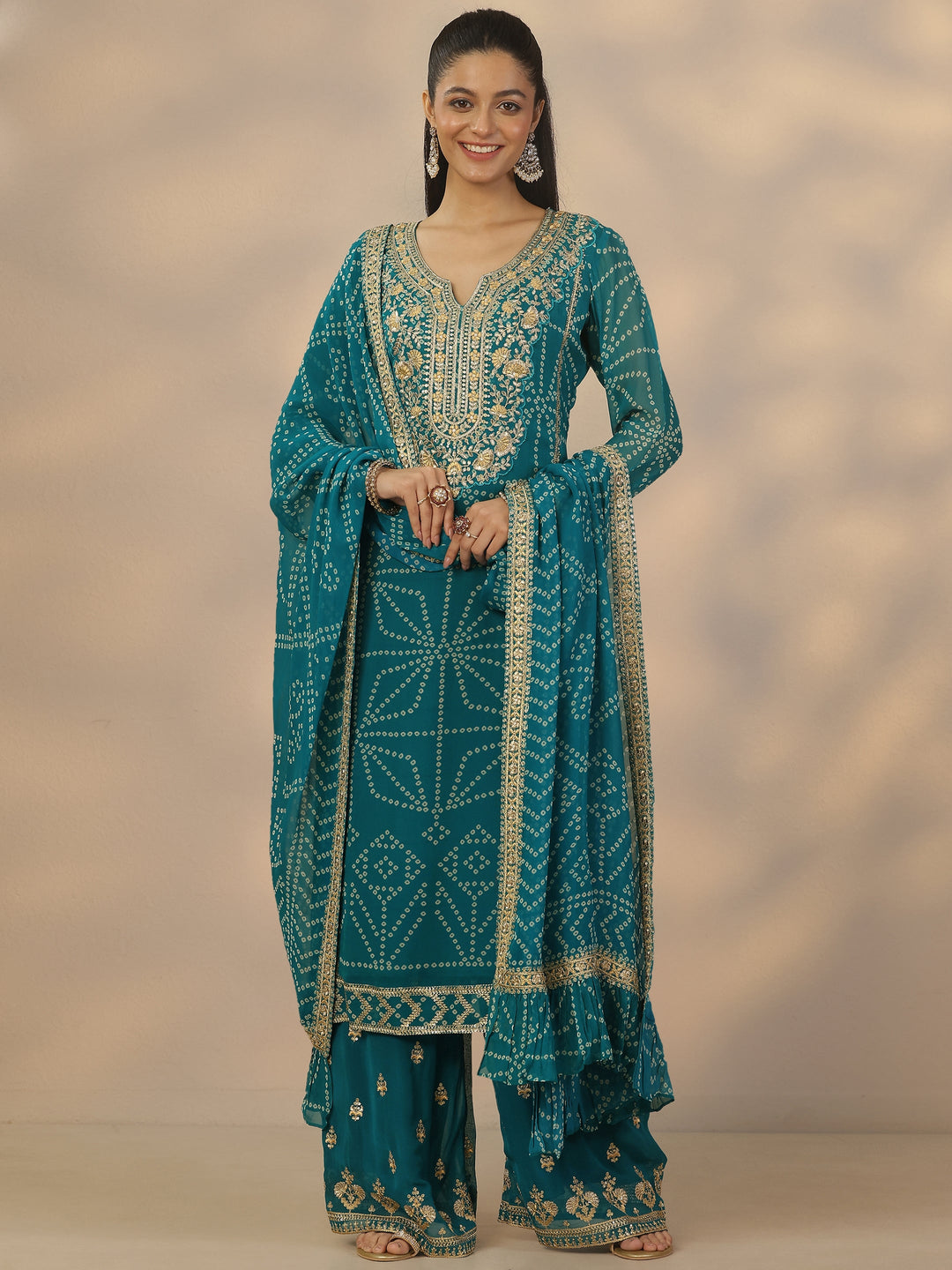 Libas Art Green Printed Georgette Straight Suit Set With Dupatta