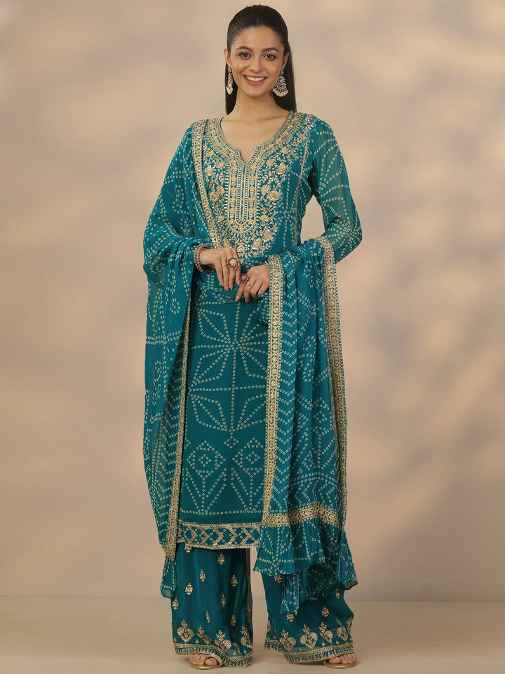 Libas Art Green Printed Georgette Straight Suit Set With Dupatta