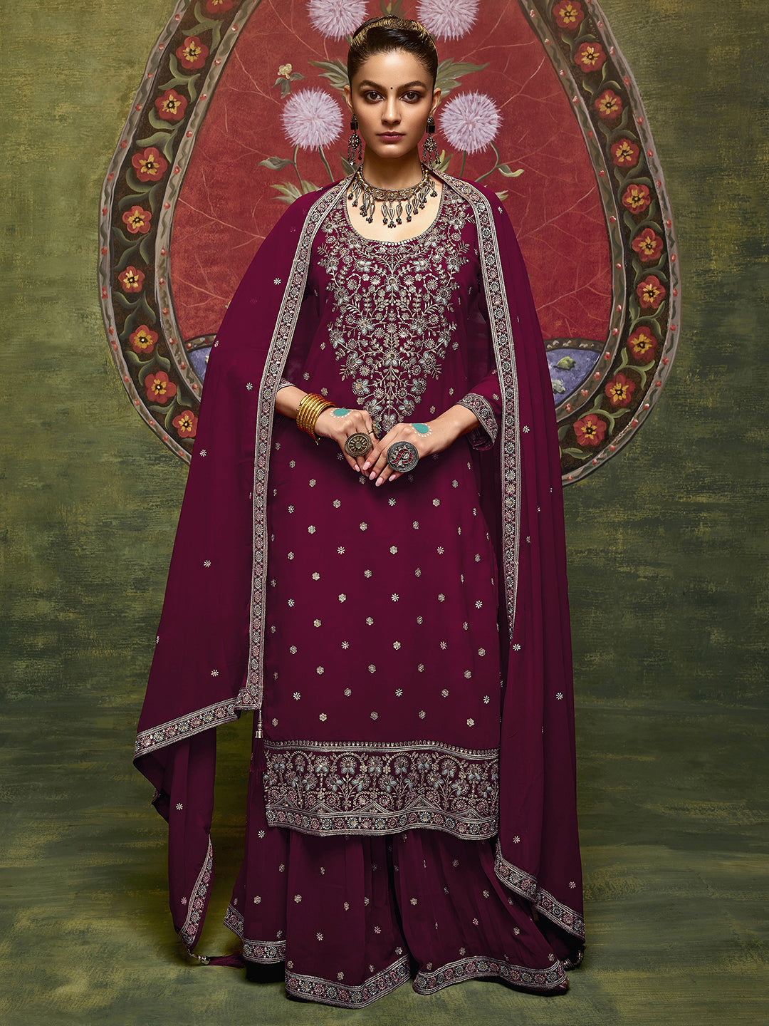Kumkumeshwari Libas Art Maroon Embroidered Georgette Straight Suit Set With Dupatta