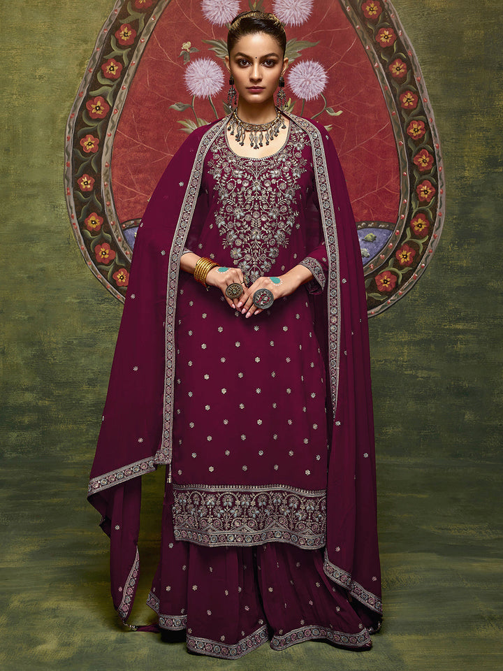 Kumkumeshwari Libas Art Maroon Embroidered Georgette Straight Suit Set With Dupatta