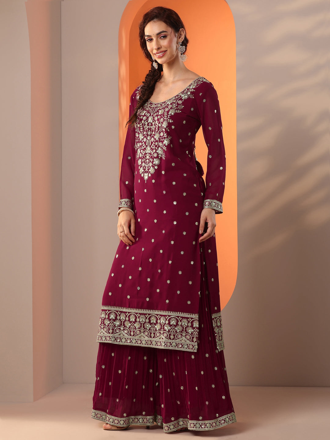 Kumkumeshwari Libas Art Maroon Embroidered Georgette Straight Suit Set With Dupatta