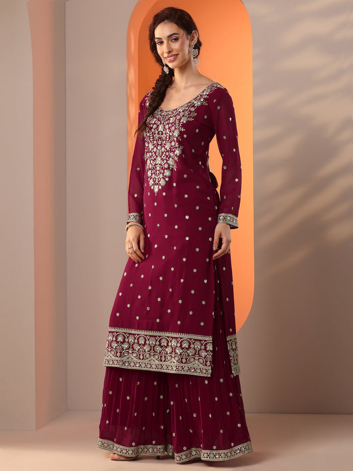 Kumkumeshwari Libas Art Maroon Embroidered Georgette Straight Suit Set With Dupatta