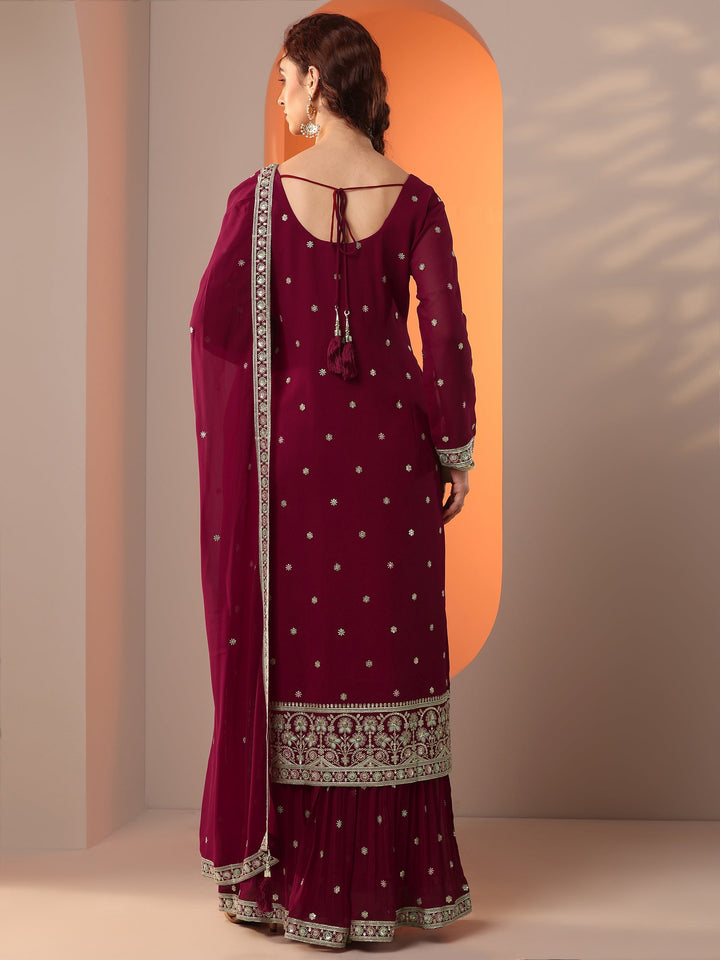 Kumkumeshwari Libas Art Maroon Embroidered Georgette Straight Suit Set With Dupatta