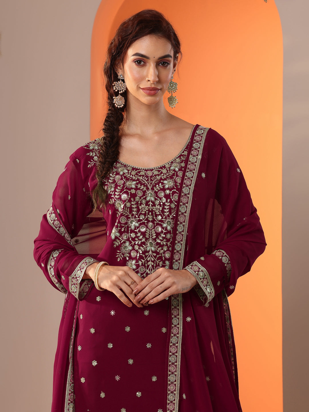 Kumkumeshwari Libas Art Maroon Embroidered Georgette Straight Suit Set With Dupatta