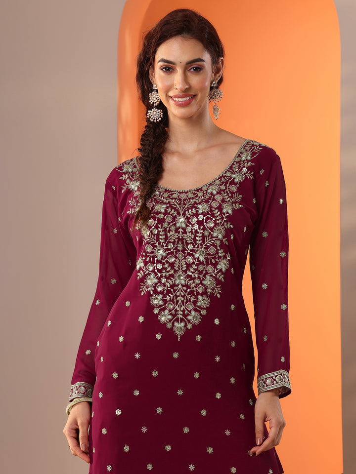 Libas Art Maroon Embroidered Georgette Straight Suit Set With Dupatta