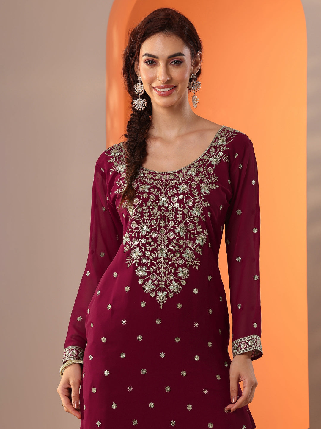 Kumkumeshwari Libas Art Maroon Embroidered Georgette Straight Suit Set With Dupatta