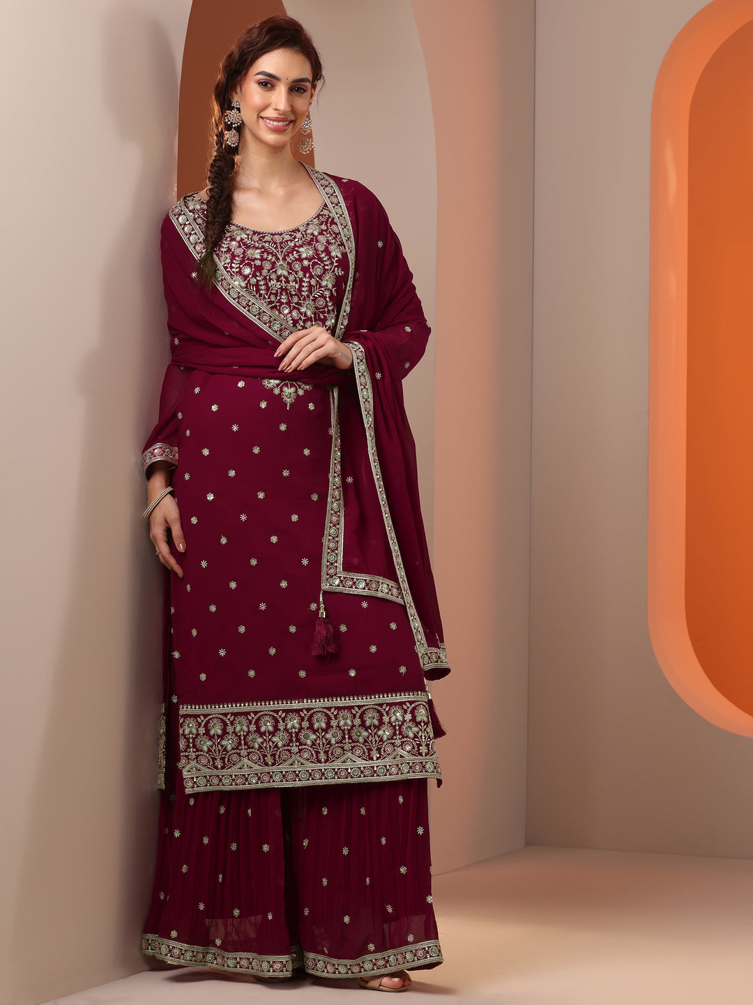 Libas Art Maroon Embroidered Georgette Straight Suit Set With Dupatta