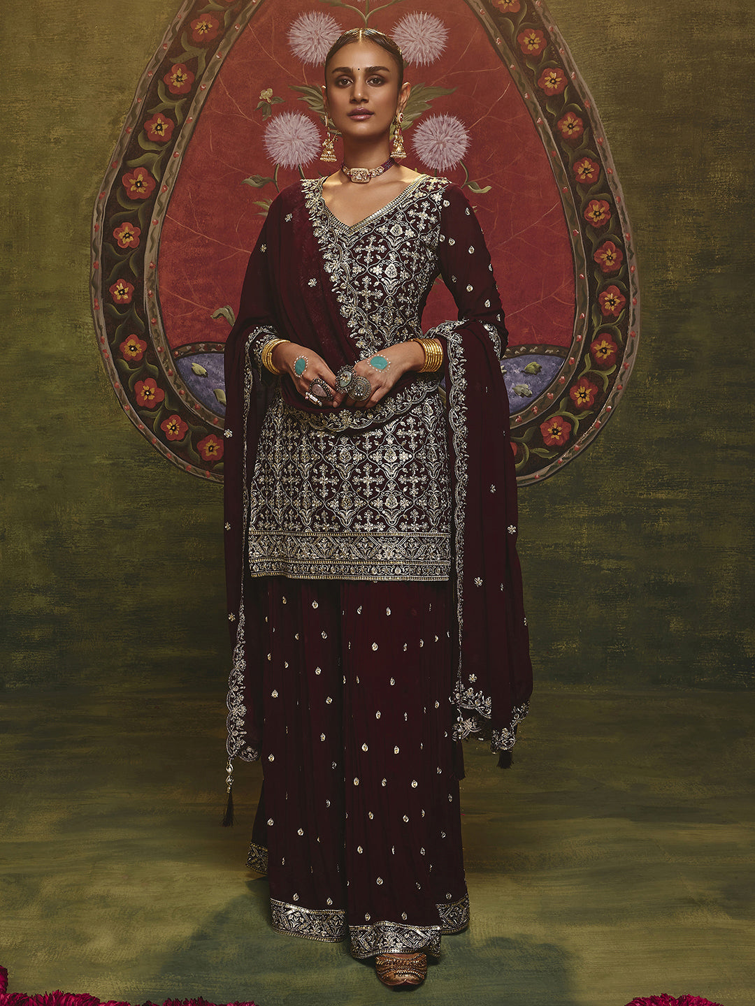 Maroon Embroidered Georgette Straight Suit Set With Dupatta