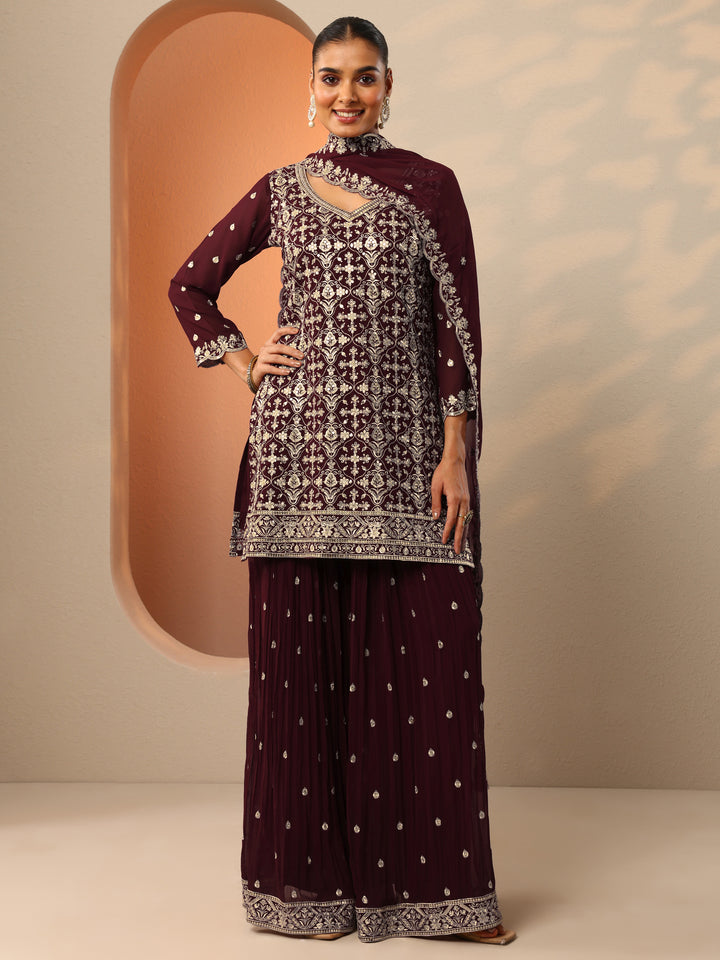 Maroon Embroidered Georgette Straight Suit Set With Dupatta