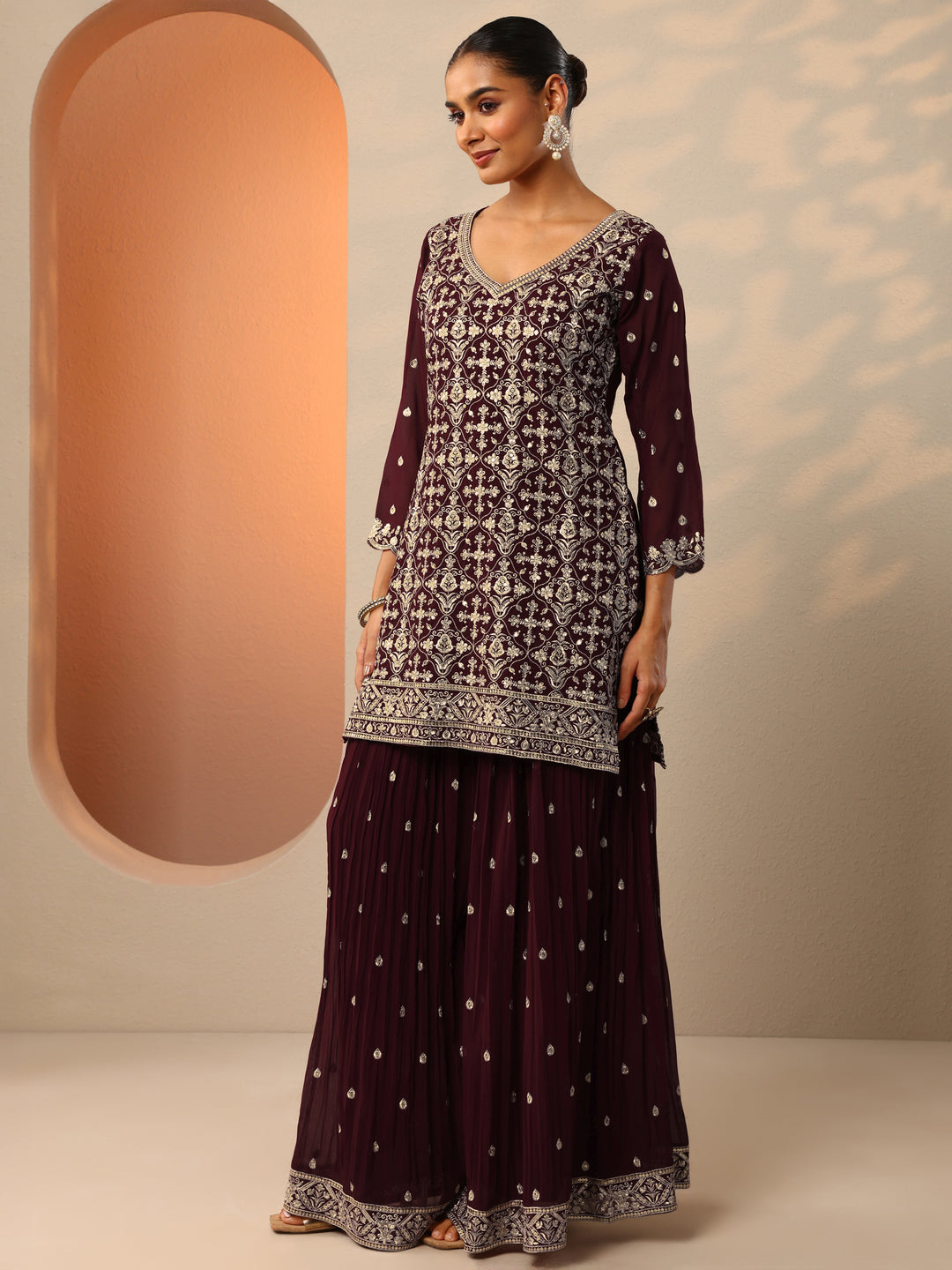 Maroon Embroidered Georgette Straight Suit Set With Dupatta