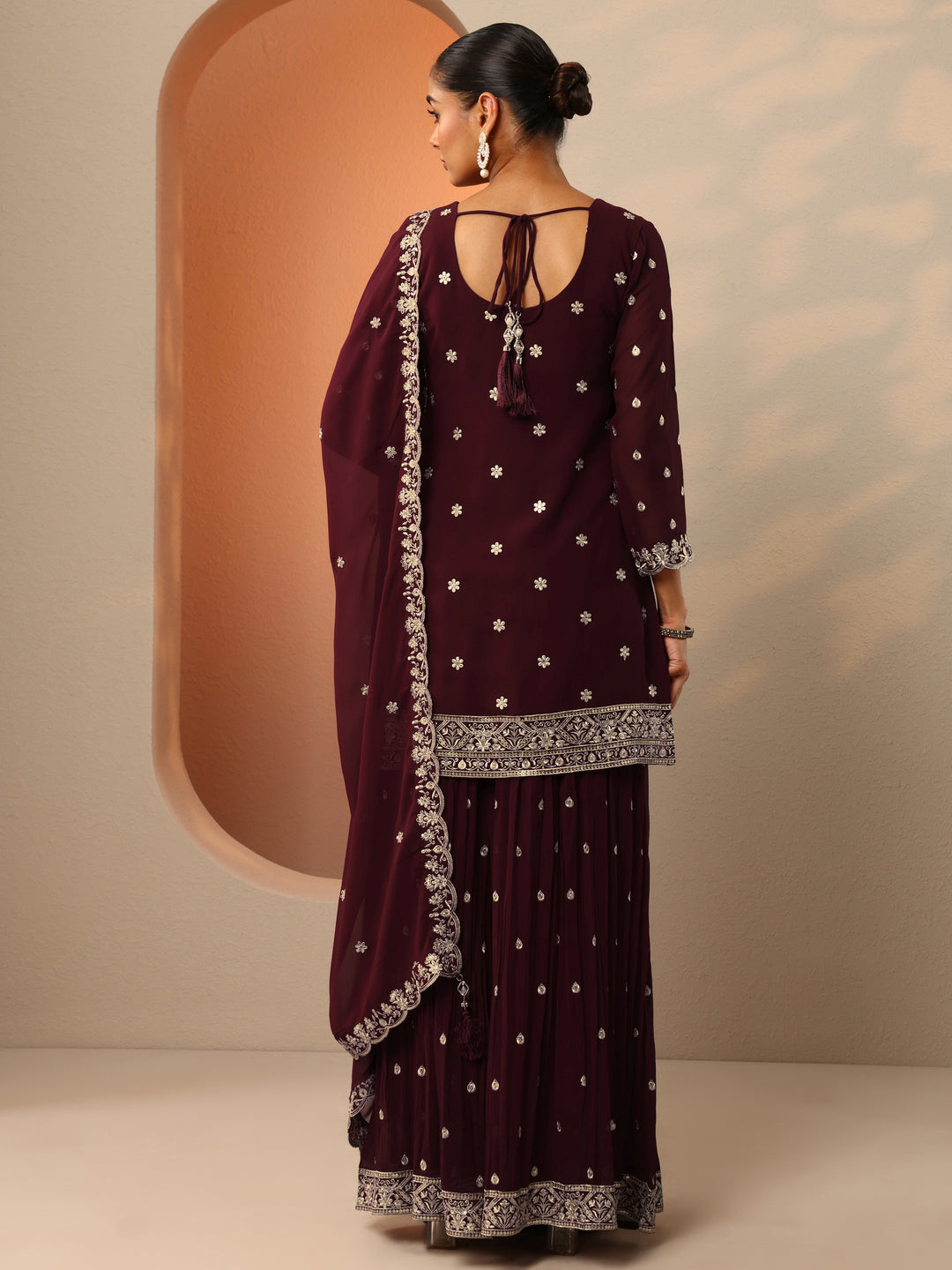 Maroon Embroidered Georgette Straight Suit Set With Dupatta