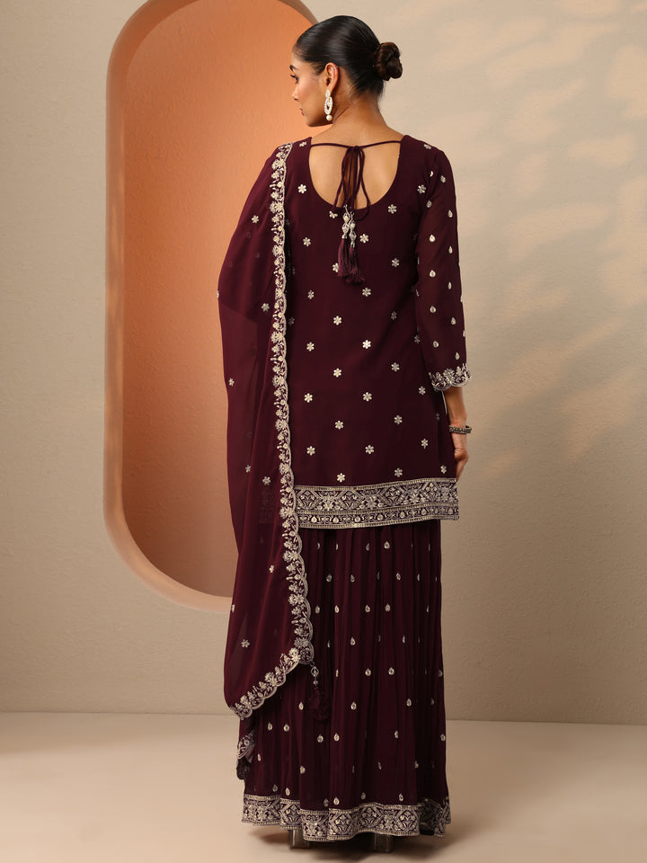 Maroon Embroidered Georgette Straight Suit Set With Dupatta