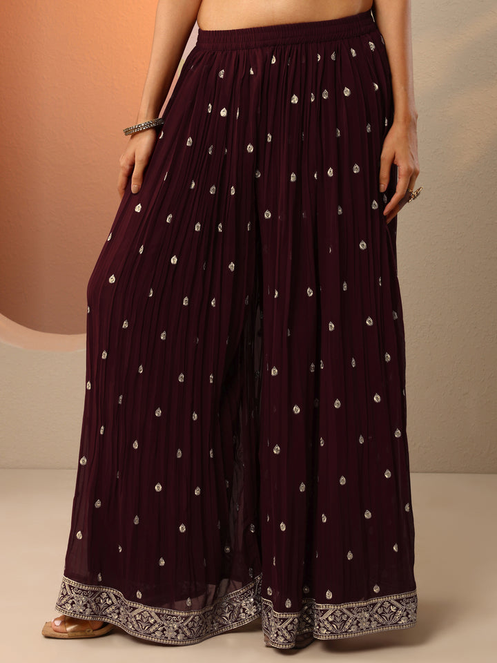Maroon Embroidered Georgette Straight Suit Set With Dupatta